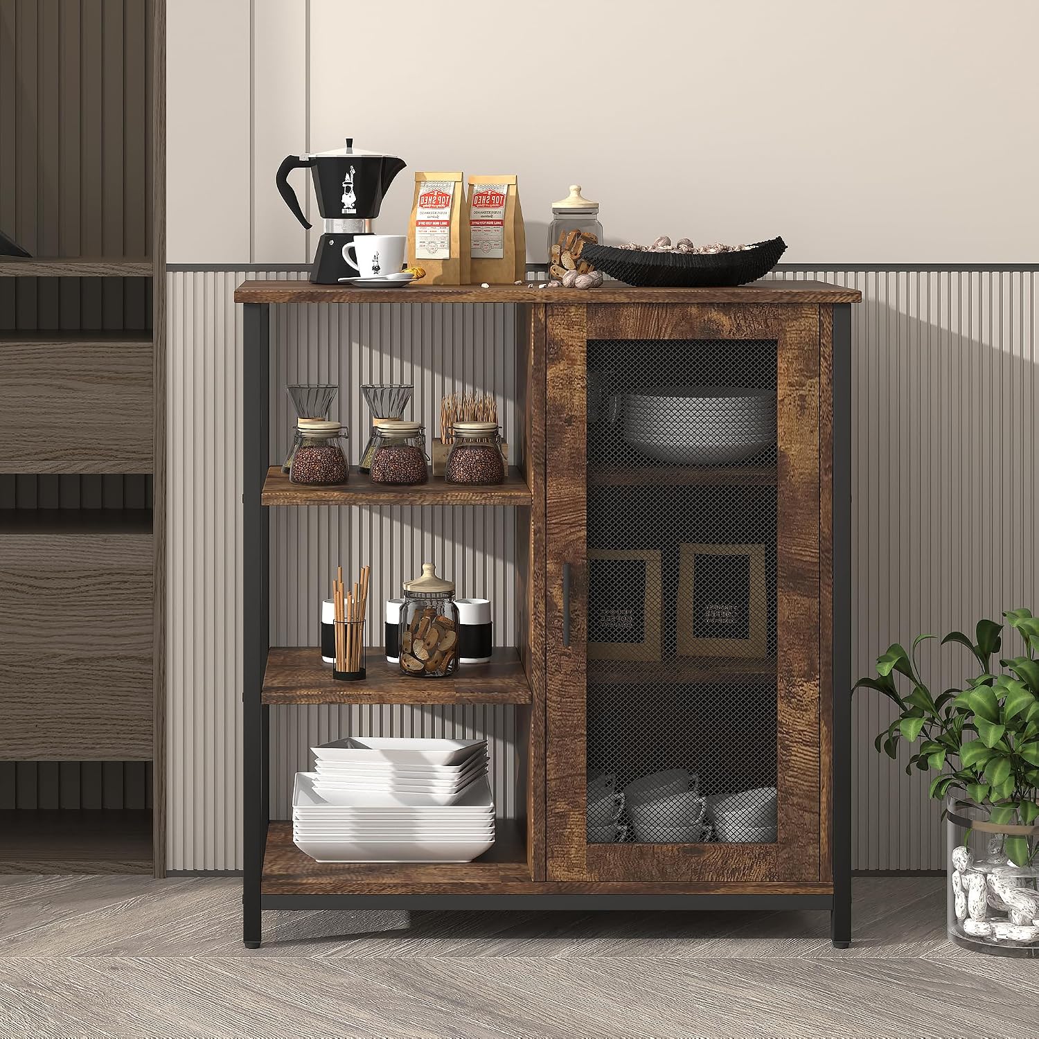 LVSOMT Mini Coffee Bar Cabinet for Home Kitchen, 27.5'' Coffee Stand Station with Adjustable Shelves & Door, Farmhouse Sideboard Buffet for Small Space, Dining Room, Living Room, Industrial Brown