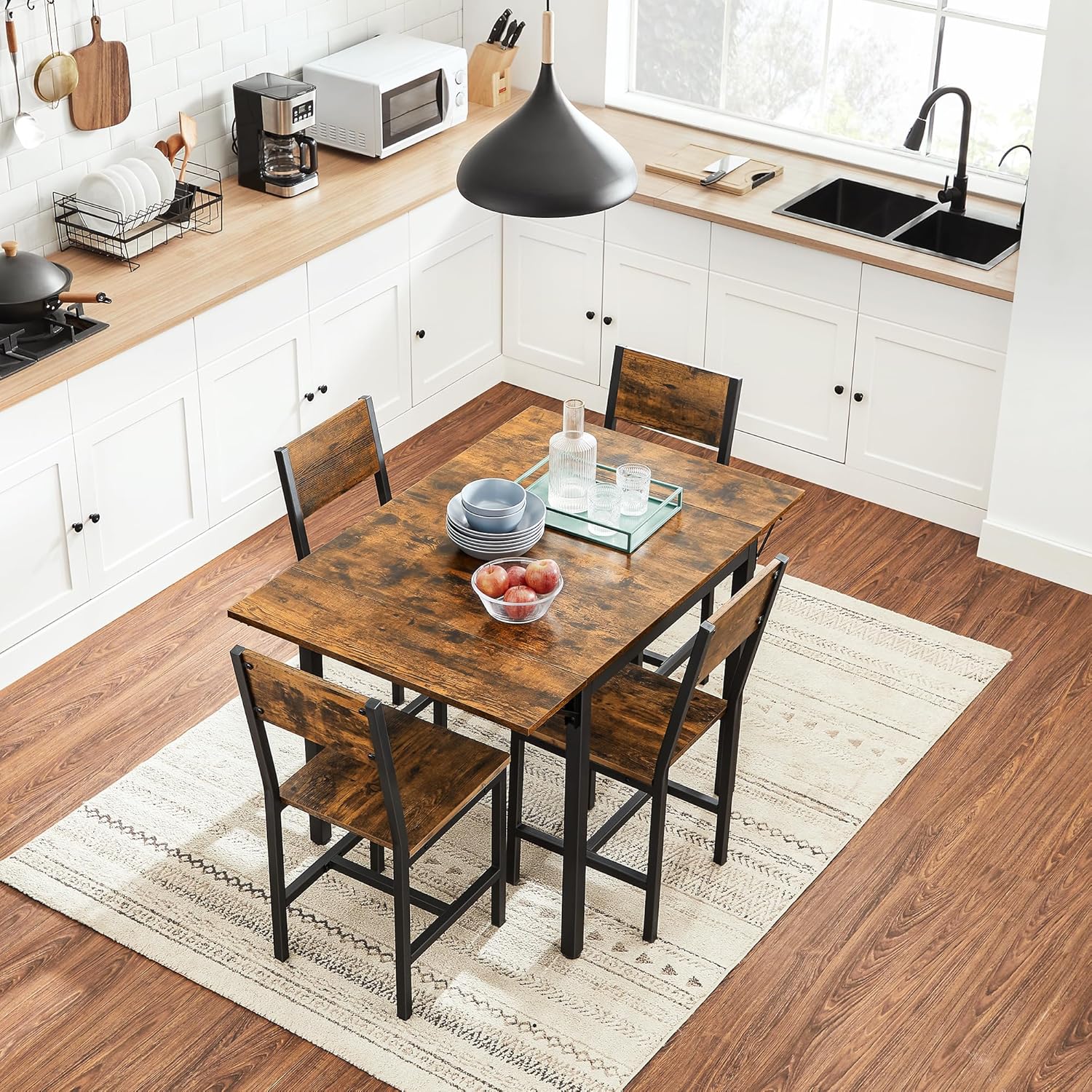 VASAGLE Extendable Dining Set, Dining Table with 2 Chairs, for Kitchen, 33.3-47.3 Inches Wide, Steel Frame, Rustic Brown and Ink Black LDC092B01V1-03