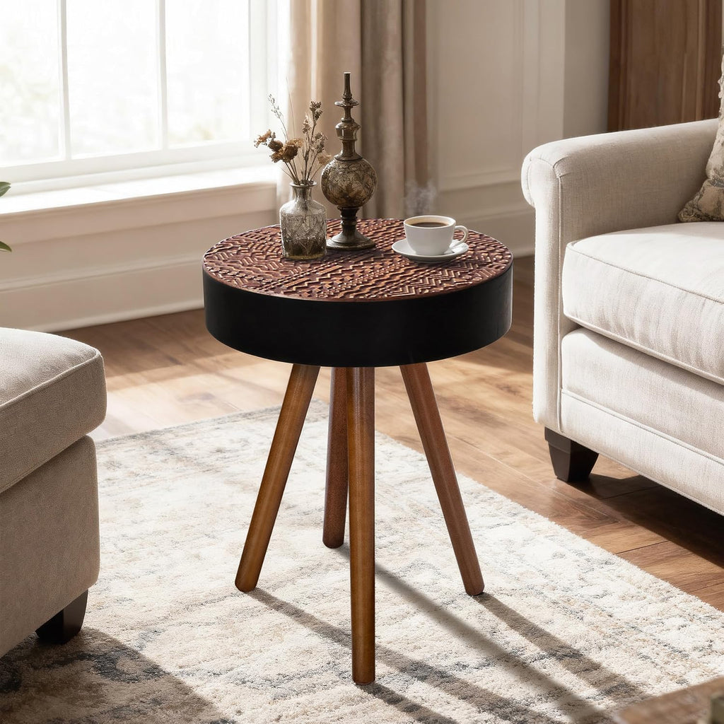 Round Wooden End Table with Retro Carved Brown Top & Black Wood Support Legs, Vintage 15.7" Small Circle Sofa Side Table for Living Room Bedroom (Brown, 4 Legs Support)