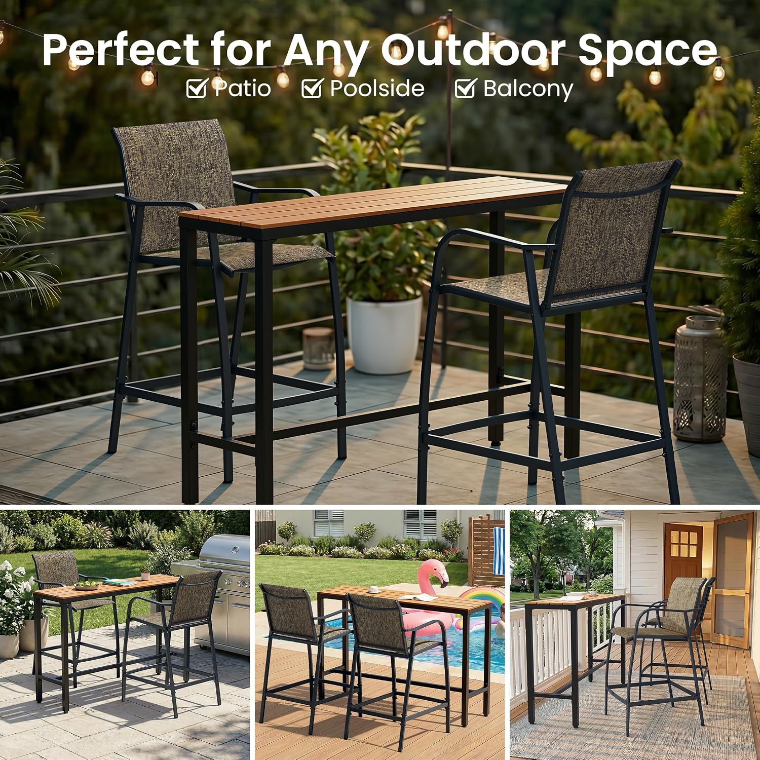 Crestlive Products Outdoor Bar Stools Set of 2, Heavy Duty Patio Furniture, Bar Height Tall Chairs with Armrest and Footrest, Textilene Fabric for Bistro, Lawn, Poolside, Backyard, Kitchen (Brown)