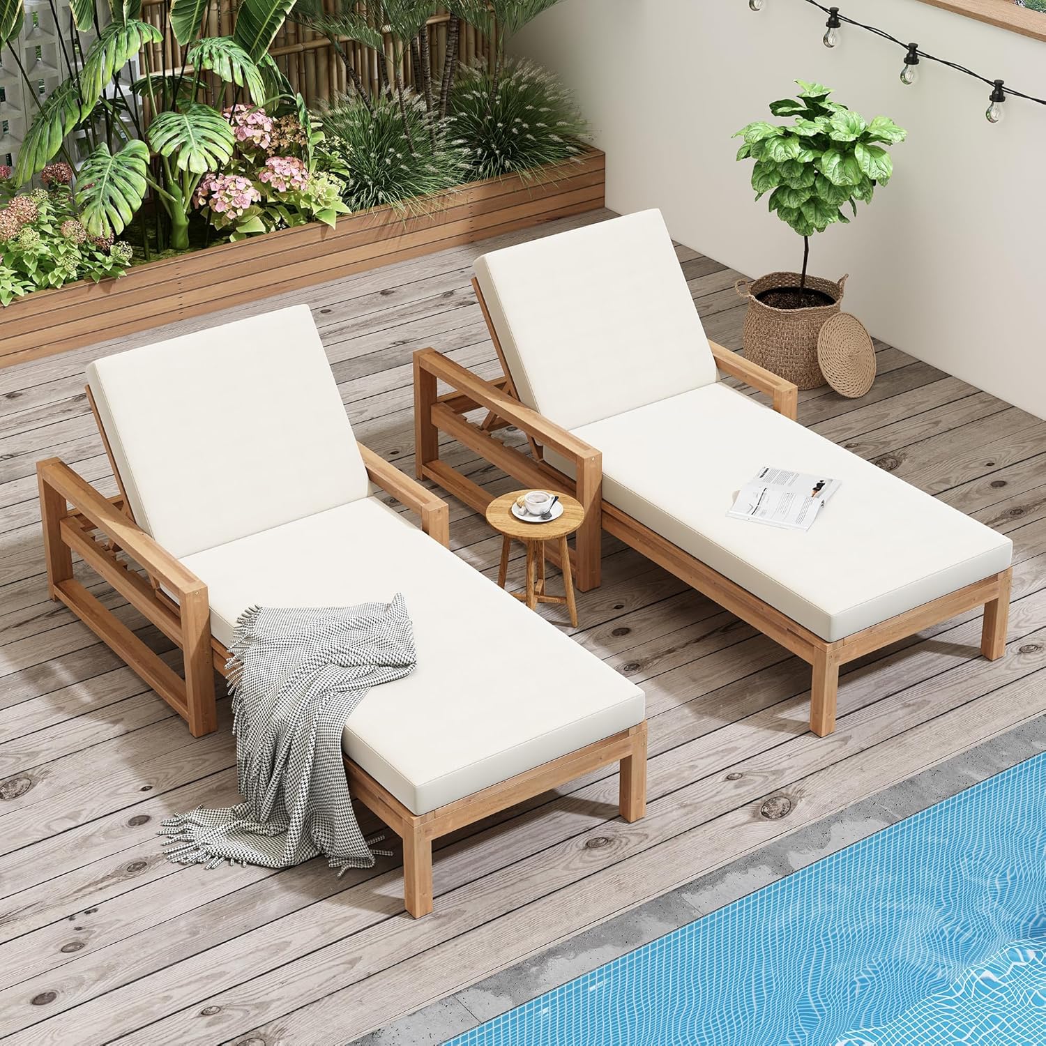 Think 30Lounge Chair Set of 2, Patio Sun Tanning Chair, Outdoor Chaise Lounger with 5-Position Reclining Back, for Pool, Balcony & Garden,Light Teak