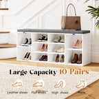 Shoe Storage Bench with Cushion, 41'' Long Entryway Bench with 10 Compartments Shoe Rack, Multifunctional Cubby Storage Organizer for Living Room, Hallway, Bedroom and Closet, White