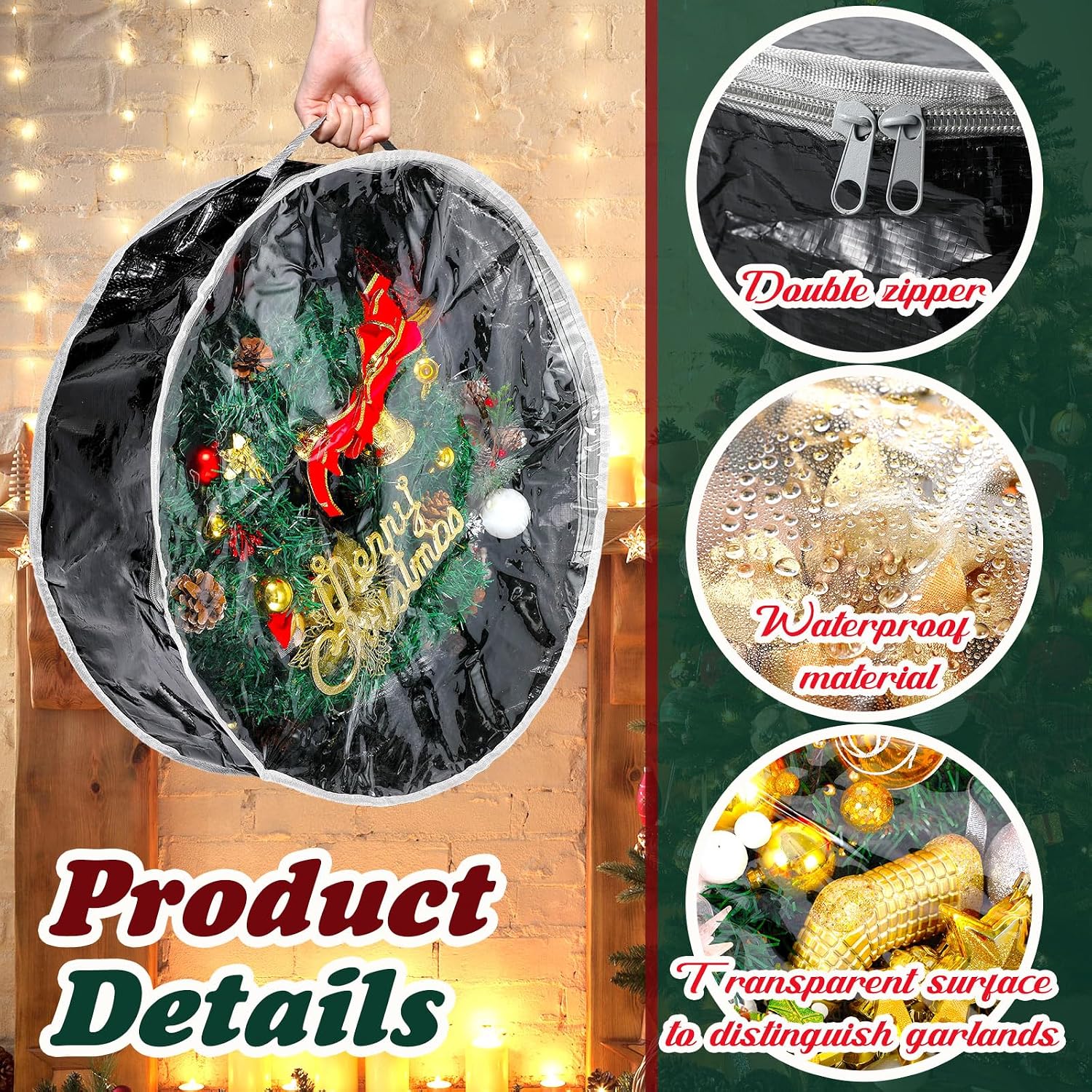 Dunzy 8 Pieces Wreath Container Christmas Wreath Storage Bag Garland Tear Resistant Fabric Round Boxes with Clear Window for Storage for Xmas Holiday Ornament(30×30×7.8 Inch,Black)