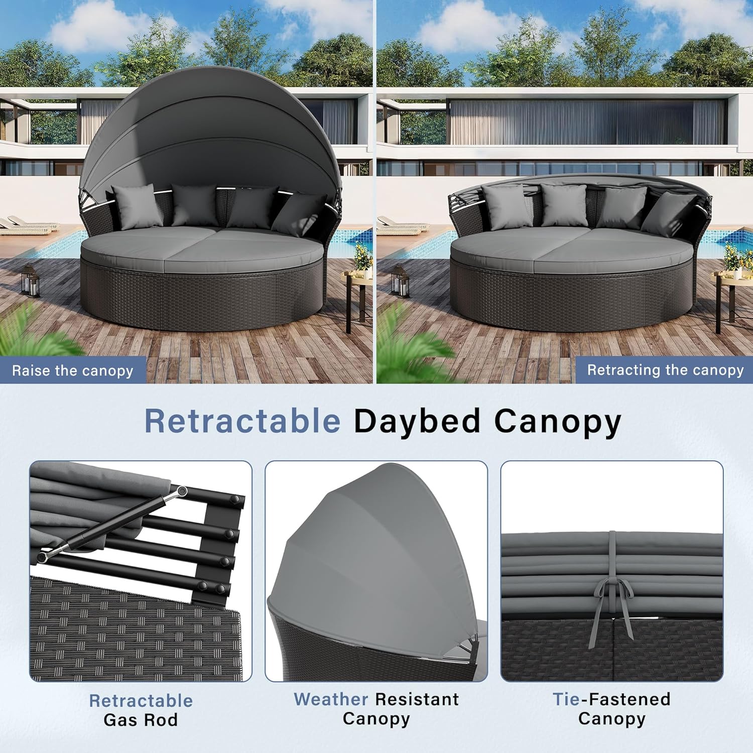 Crownland Round Patio Daybed with Retractable Canopy, Clamshell Wicker Sectional, Outdoor Wicker Furniture Daybed for Backyard, Poolside, or Garden，Grey