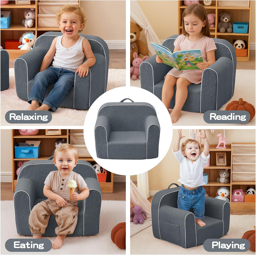 DAICO Soft Kids Bean Bag Chair with Armrests, Comfy Toddler Foam Sofa Chair for Boys and Girls, Toddler Play Couch for Reading Nook & Playing, Grey, Small