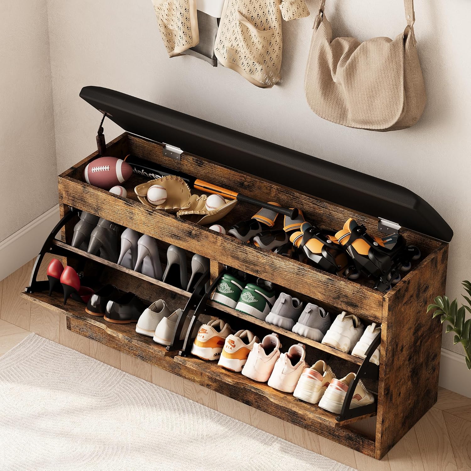 40" Shoe Storage Bench with 2 Flip Drawers & Padded Seat Cushion, Shoe Cabinet with Lift Top Storage Box, Shoe Bench Shoe Organizer for Entryway, Hallway, Living Room, Vintage Brown