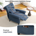 Pushback Recliner Chair, Accent Push Back Chair with Adjustable Footrest, Upholstered Linen Fabric Reclining Sofa with Side Pocket, Comfy Modern Armchair for Living Room, Navy Blue