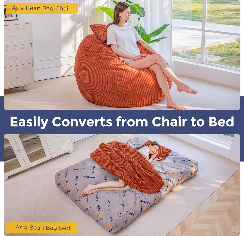 MAXYOYO Giant Bean Bag Chair Bed with Pillow, Convertible Beanbag Sofa to Floor Bed, Lazy Chair Couch with Removable Cover, High-Density Shredded Foam Filling, Cozy Lounge for Bedroom Living Room