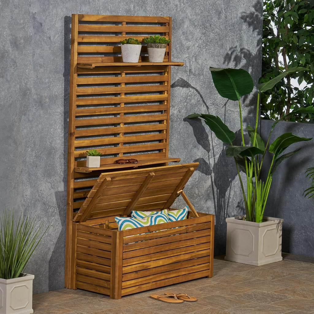 Acacia Wood Mud Bench with Storage and Display Shelves, Classic Wooden Slats for Entryway Organization and Home Interior