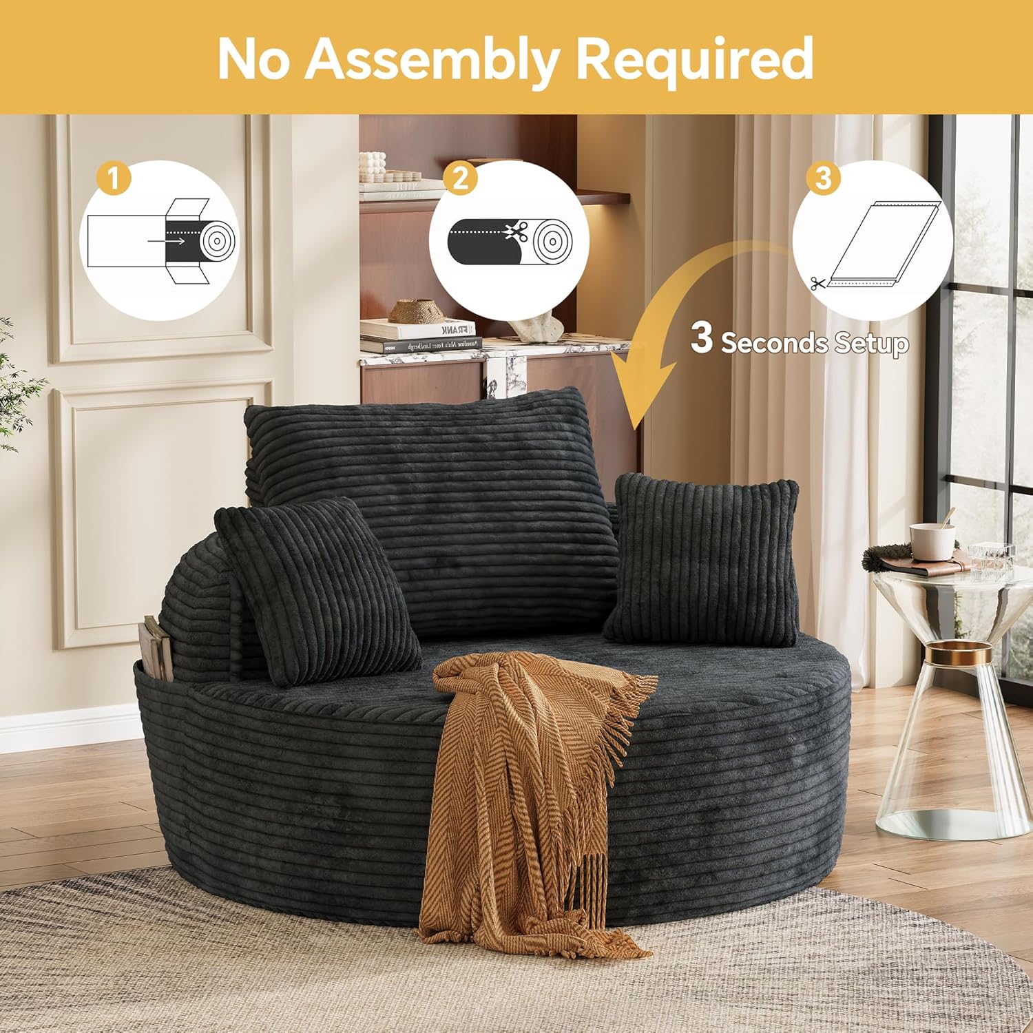 55" Oversized Round Chaise Lounge Chair Indoor, Upholstered Plush Deep Seat Circle Single Cloud Lounge Floor Sofa Chair with 4 Pillows with Side Pocket, Living Room, Bedroom Apartment, Dark Gray