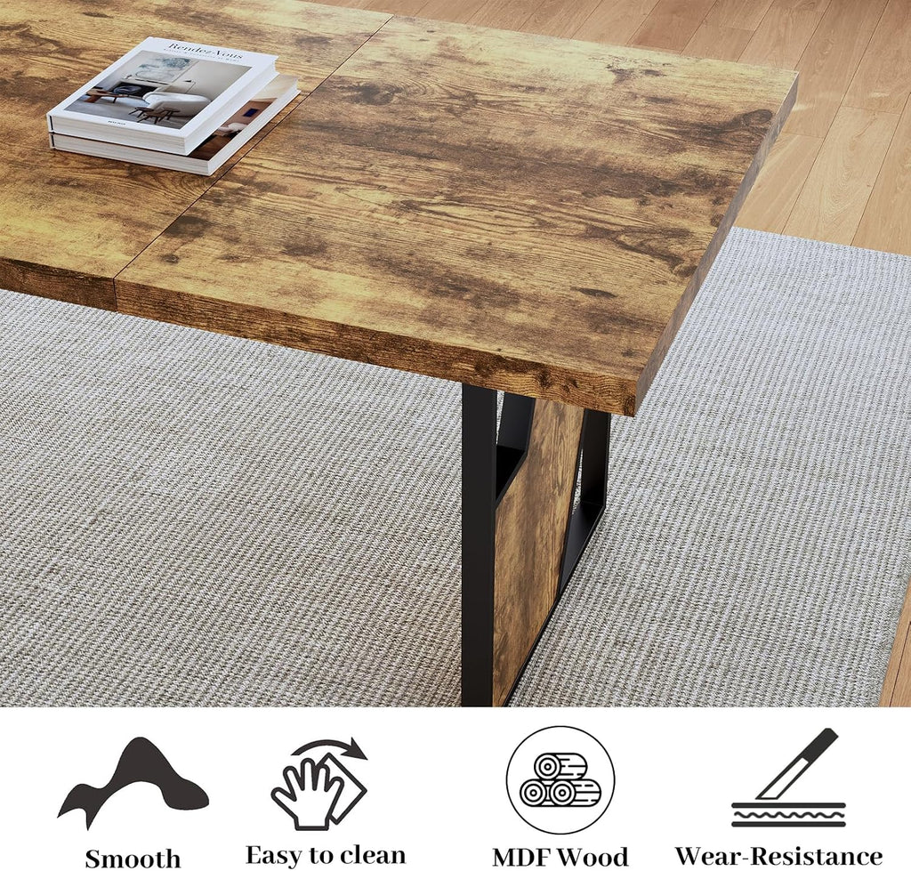 HIPIHOM 70.8" Wooden Dining Table with 2 Benches, Modern Kitchen Table and Chairs Set for 4-6 Person, Thickened MDF Wooden Table with Dining Bench for Living Dining Room, Kitchen, Office