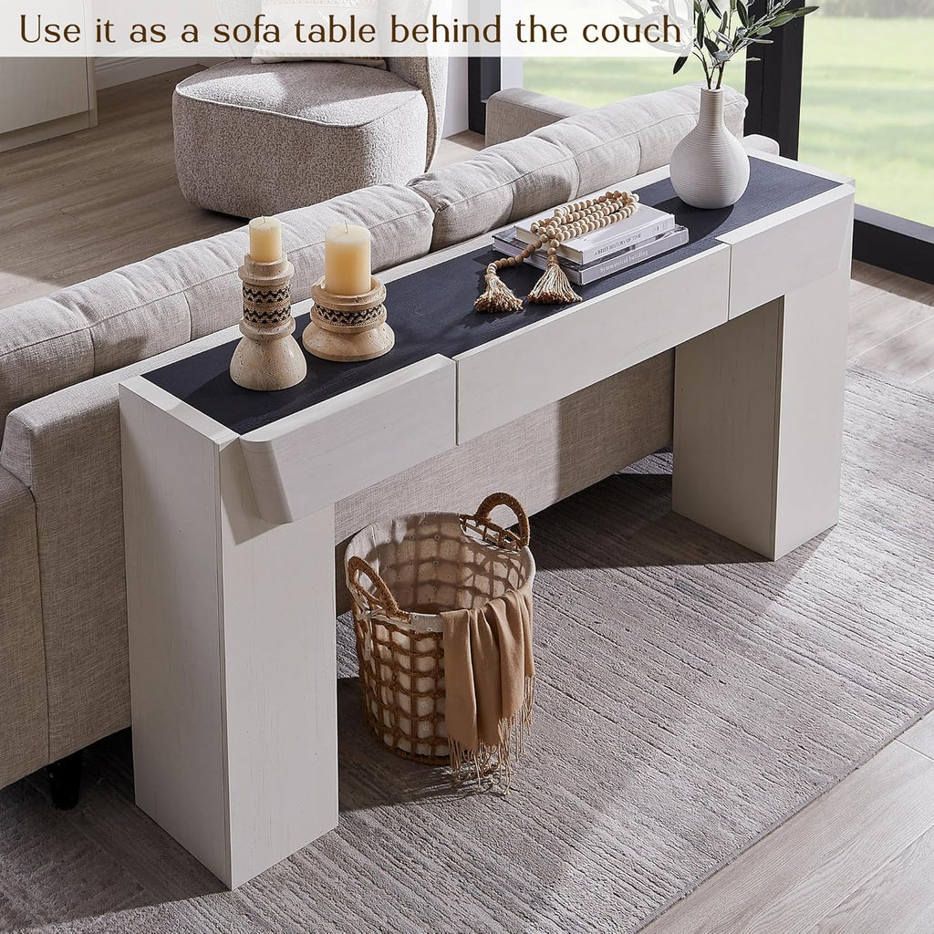 JXQTLINGMU 63" Modern Console Table with Storage Drawer, Entryway Table with Drawers, Thick Wood Legs, Sofa Table Behind Couch, Wood Console Tables for Entryway Hallway Living Room, White and Black