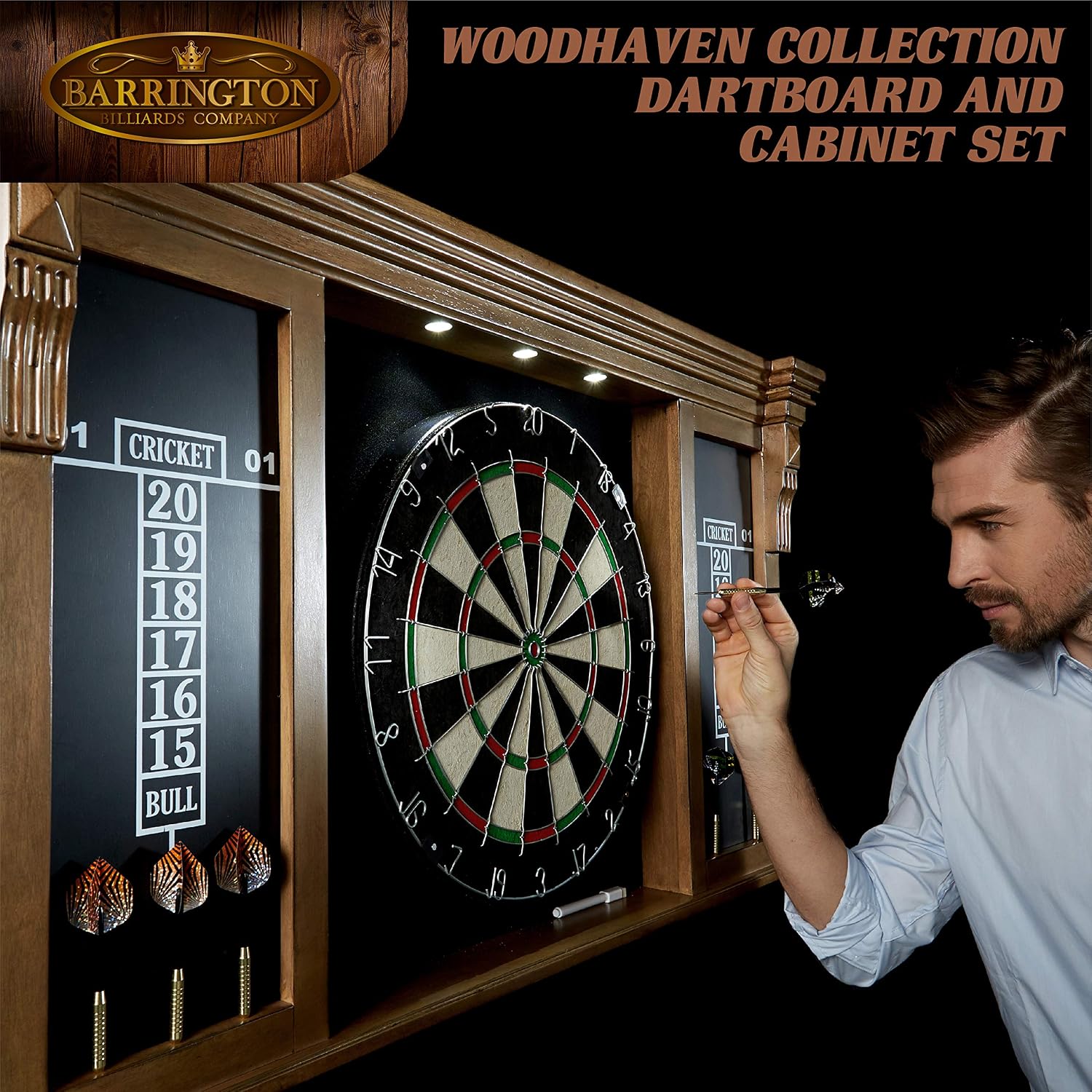 Barrington Woodhaven Dartboard Pub Style with LED Lights, Pre-Assembled | Pre-Assembled LED Pub-Style Dartboard Cabinet With 18" Sisal Board, 6 Steel Tip Darts, And Built-In Dry-Erase Scoreboards.