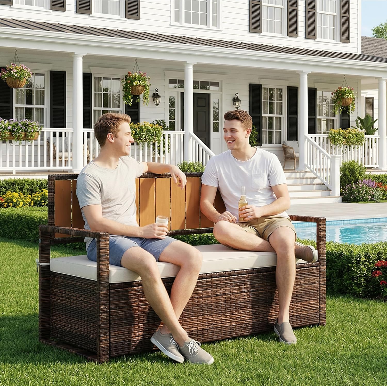 Litake Outdoor PE Rattan Storage Bench with Cushion – Iron & Plastic Wood Frame, Waterproof Fabric Seat – for Patio, Garden, Porch – Yellow or Dark Brown Rattan