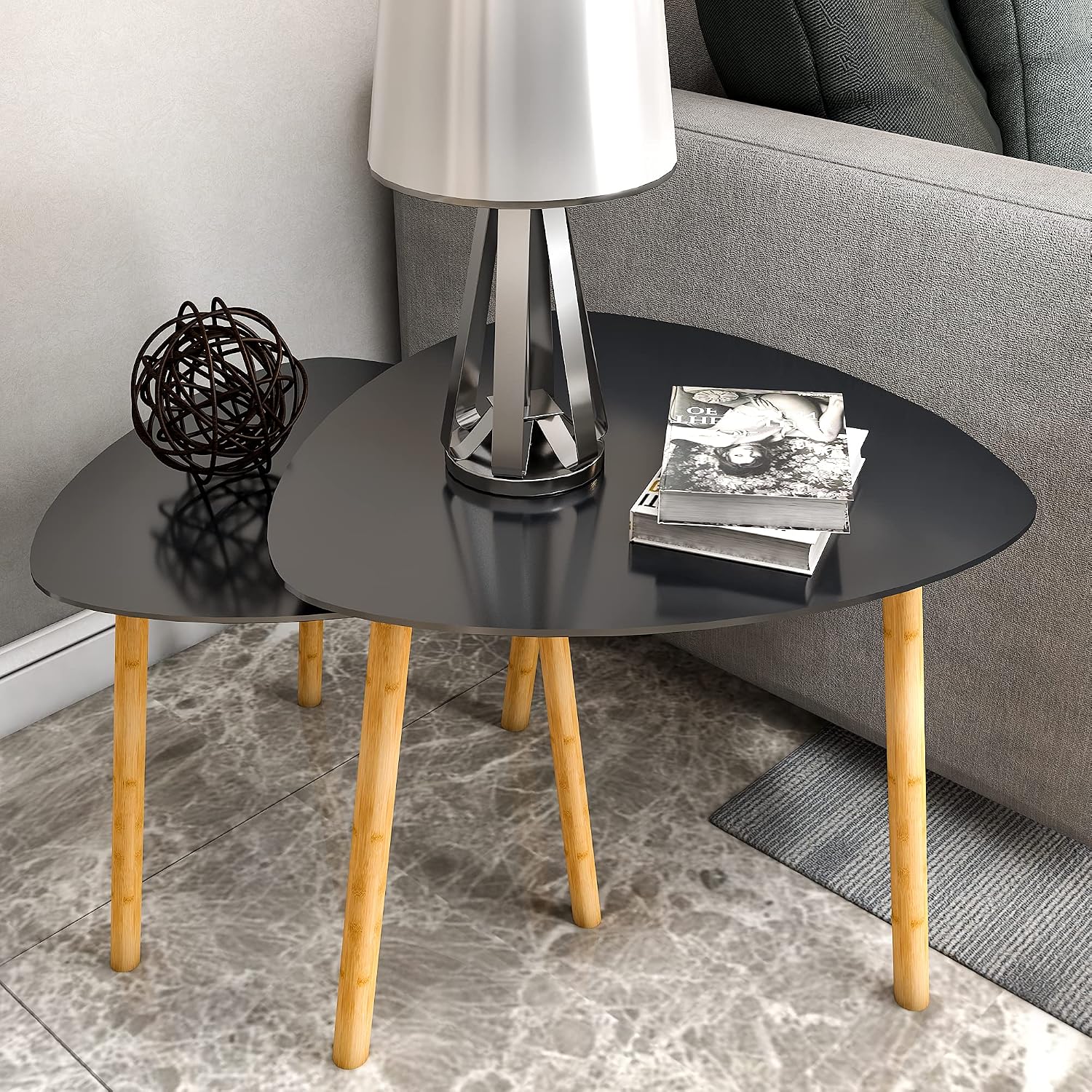 Bamboo Nesting Coffee Tables - Small Coffee Table for Living Room, Set of 2 Triangle End Table Modern Side Table for Bedroom Apartment Balcony Yard Small Spaces, (Black)