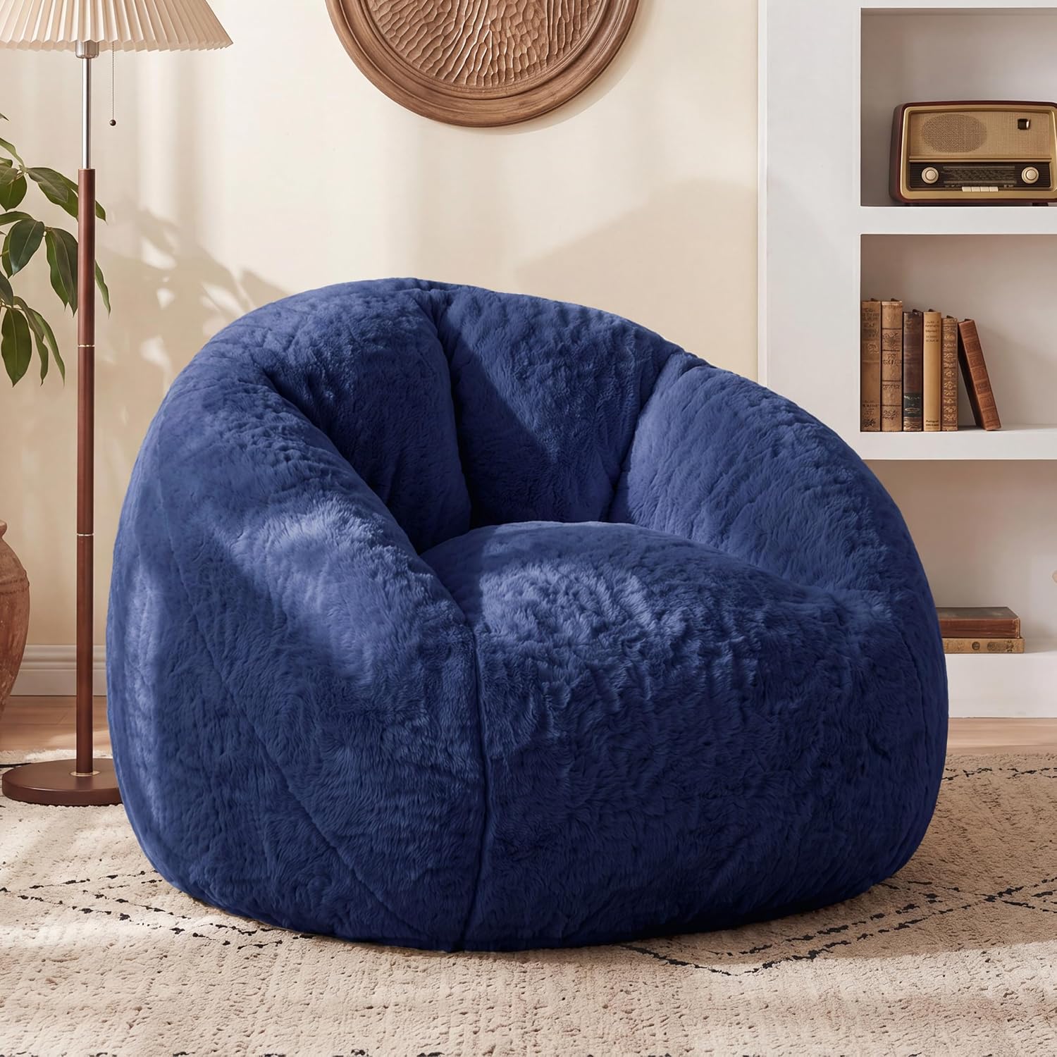 Big Bean Bag Chairs for Adults, Comfy Faux Fur Giant Bean Bag Chair | Fluffy Bean Bags with Back Support & Foam Filled, Reading Beanbag Chair for Living Room Bedroom, Apartment, Dark Blue