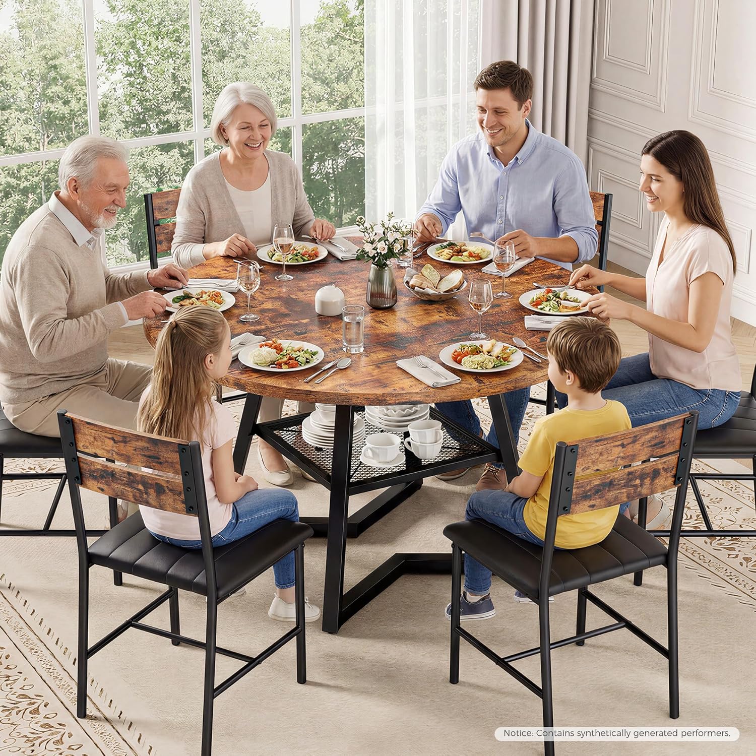 IRONCK 47.2" Round Dining Table for 4, Industrial Kitchen Table with Large Storage Shelf, Space Saving Wood Circle Dinner Table for Kitchen & Dining Room, Vintage