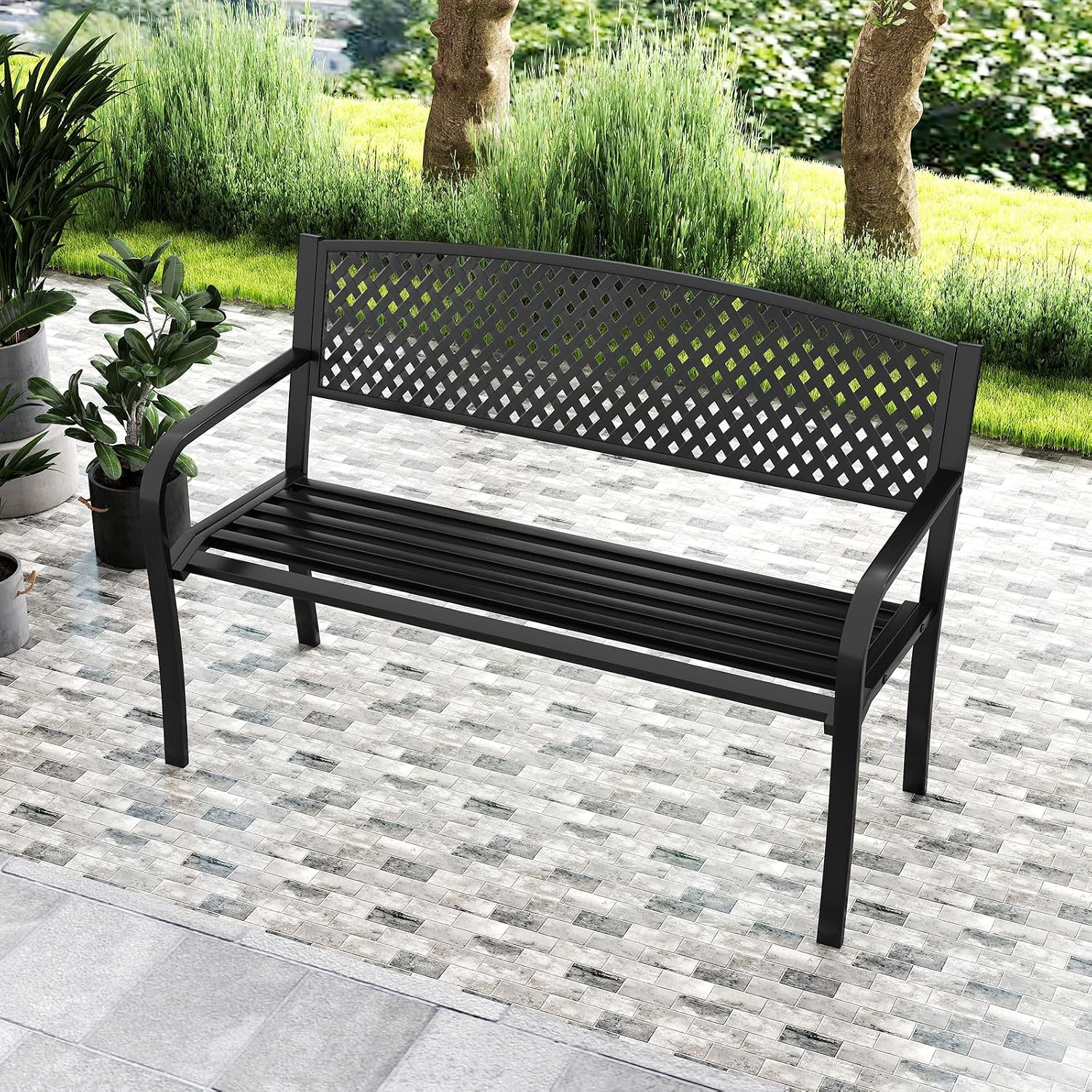 Giantex Metal Outdoor Bench with Mesh Pattern Backrest, Curved Armrests, Load 660Lbs, Slatted Seat for 2-3 Persons, Heavy-Duty Garden Bench for Patio, Backyard, Poolside, Porch, Park (50"×24"×33.5")