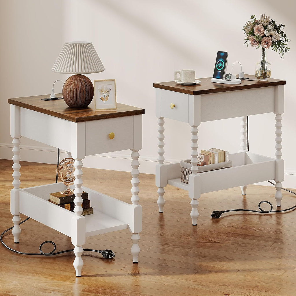 YOSHOOT Farmhouse End Table with Charging Station Set of 2 - Narrow Side Table for Living Room Bedroom Small Space, Wood Nightstand with Drawer and Power Outlets, White