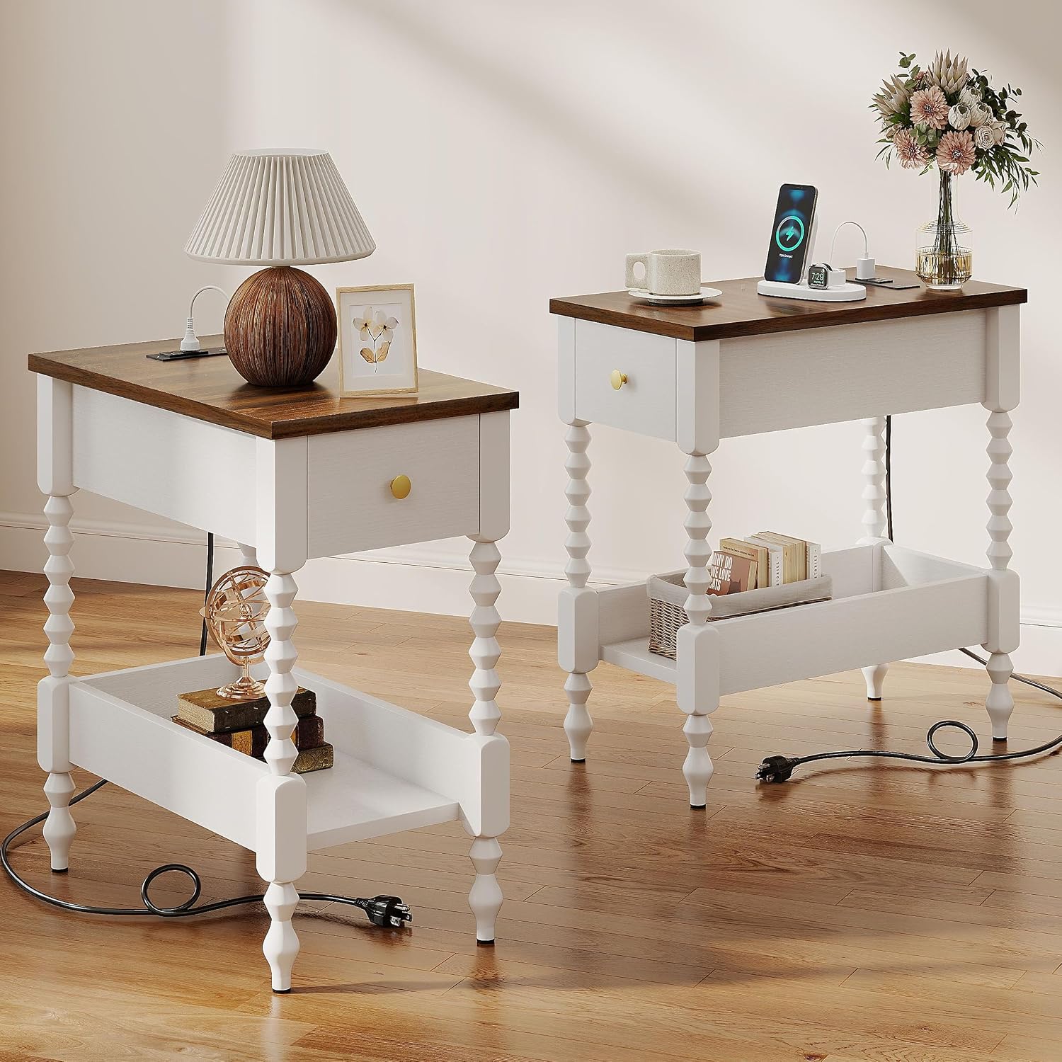 YOSHOOT Farmhouse End Table with Charging Station Set of 2 - Narrow Side Table for Living Room Bedroom Small Space, Wood Nightstand with Drawer and Power Outlets, White
