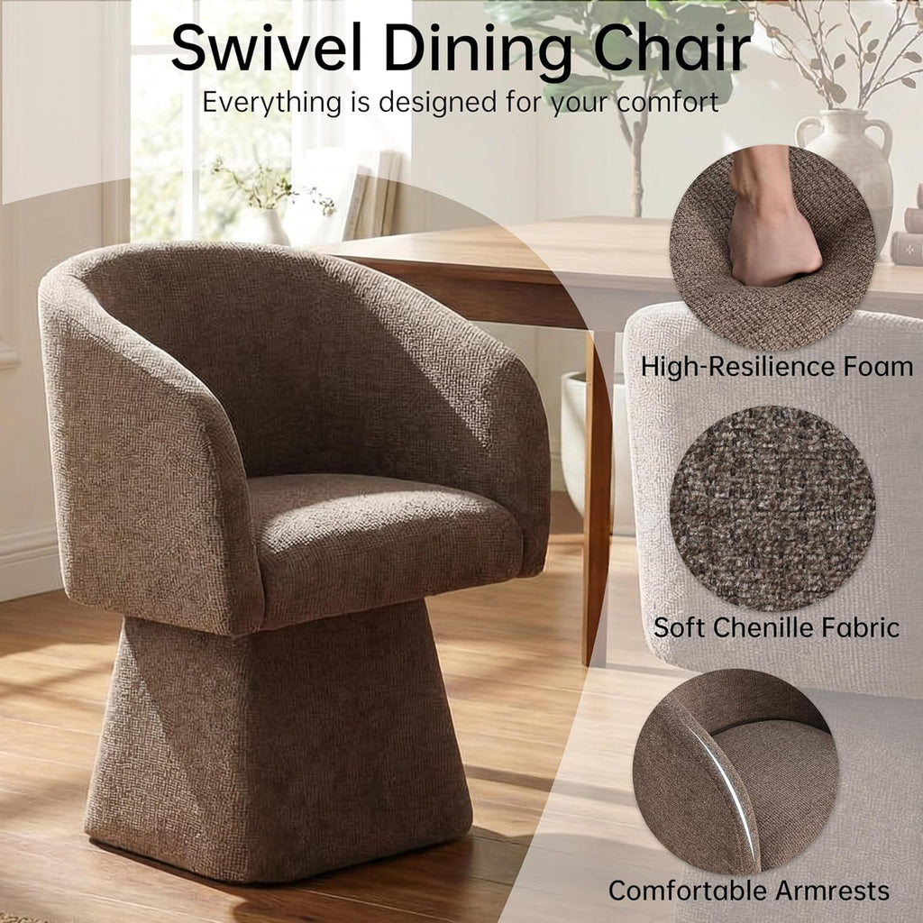 VKNOW Upholstered Swivel Dining Chairs Set of 2, Modern Dining Room Chairs with Barrel Back, Accent Arm Chair for Dining Room, Living Room, Bedroom, Vanity, Dark Brown