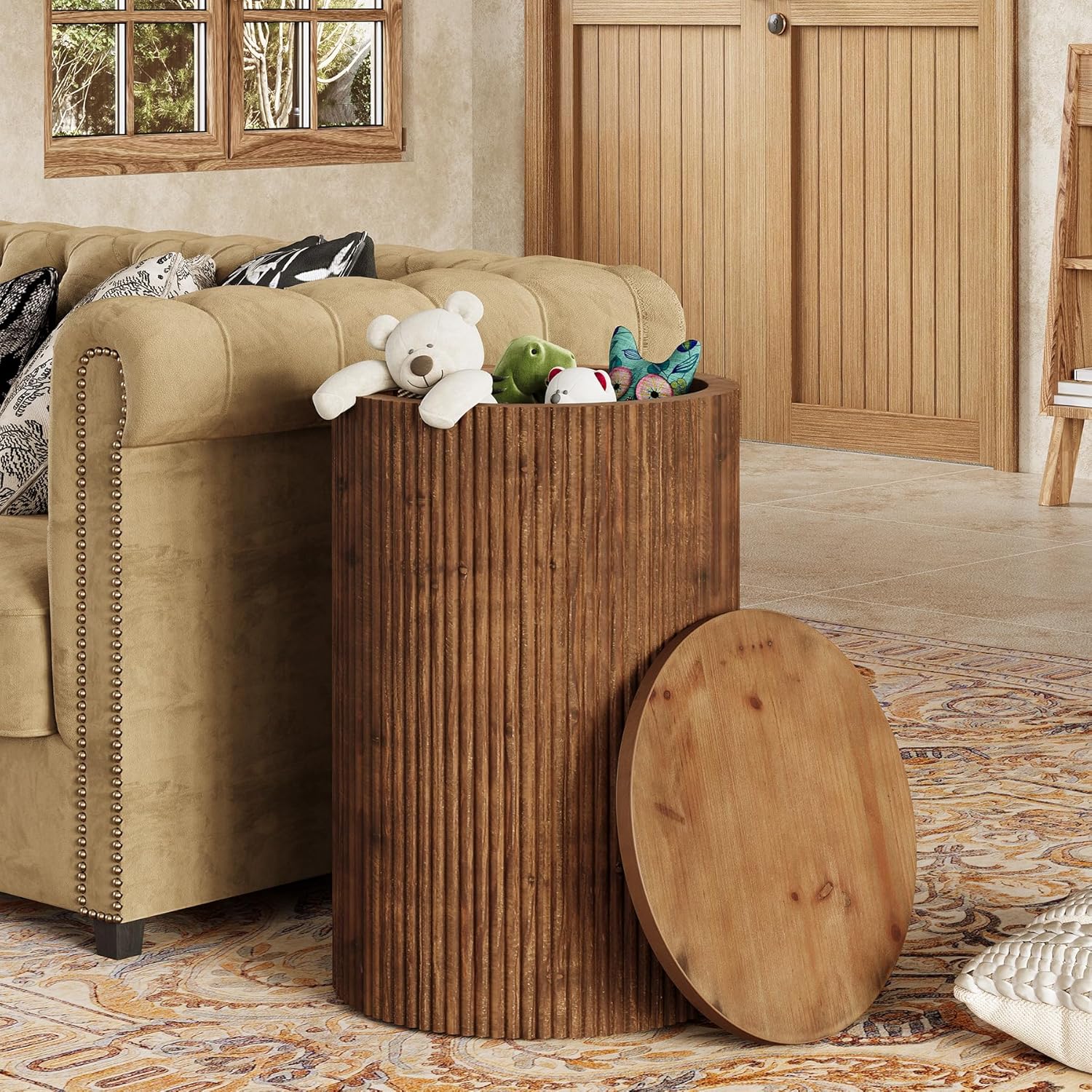 Solid Wood Round Side Table with Storage, No-Assembly Fluted End Table with 4 Wheels, Wooden Nightstand for Small Spaces, Living Room, Bedroom (Fully Assembled)