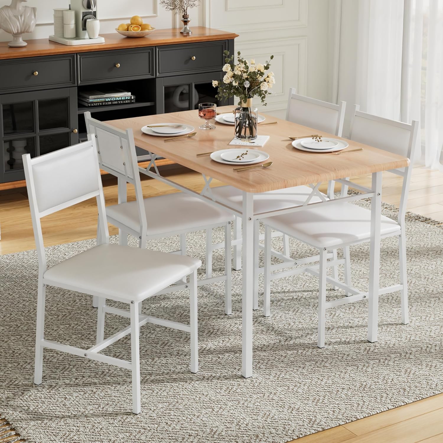 VECELO Dining Table Set for 4 with Chairs, 5-Piece Kitchen Table and Upholstered Padded Chairs Set for Small Space, Dining Room, Apartment, Natural White