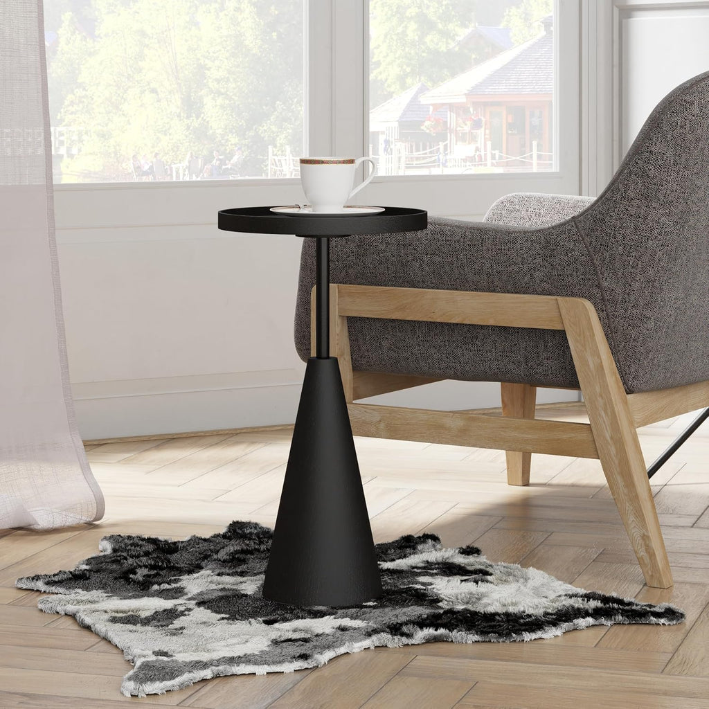 COZAYH Modern Round End Table with Raised Edge Tray Top, Wooden Pedestal Side Table with Rubber Wood Base for Living Room, Entryway, Office (Black)