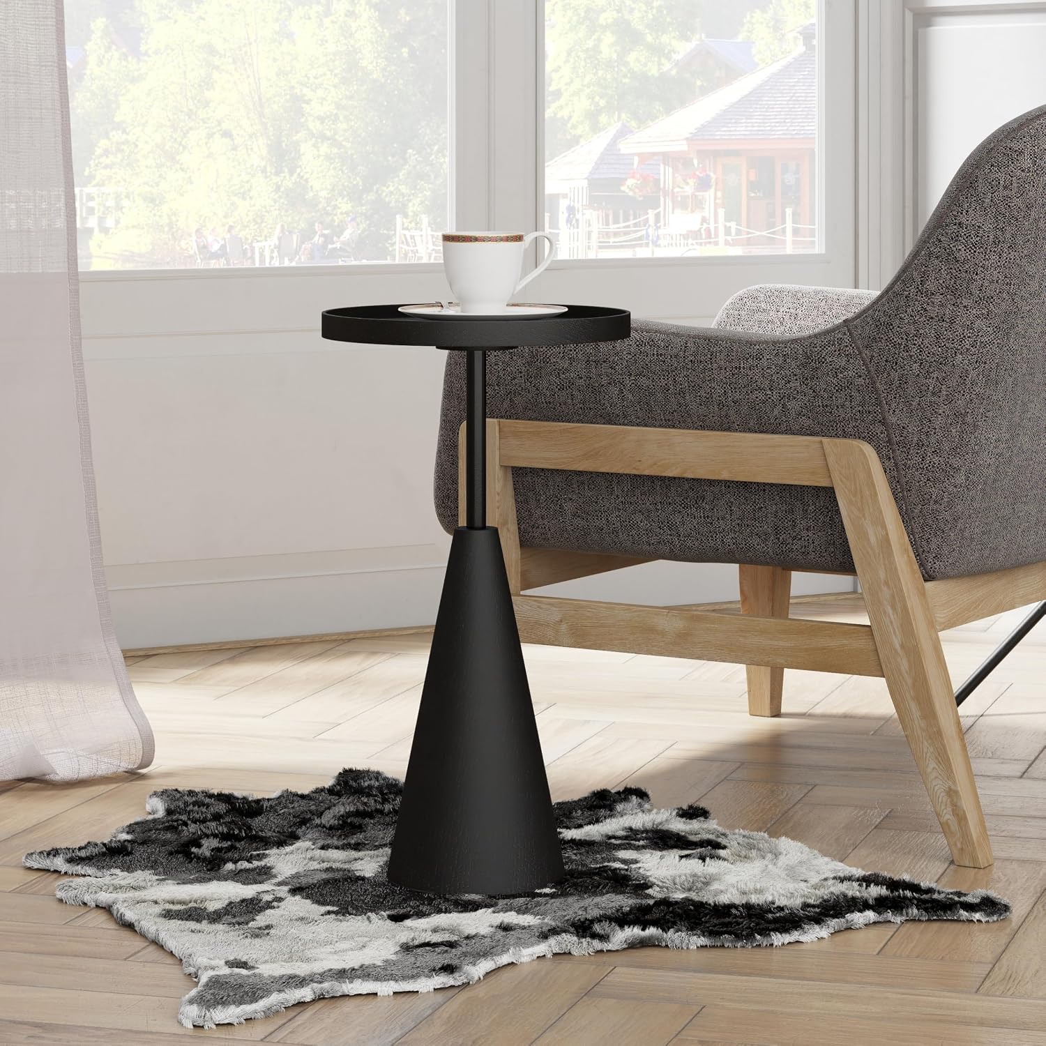 COZAYH Modern Round End Table with Raised Edge Tray Top, Wooden Pedestal Side Table with Rubber Wood Base for Living Room, Entryway, Office (Black)