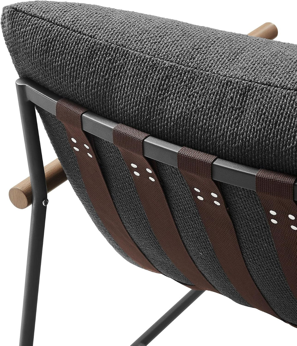 Modway Raya Outdoor Patio Boucle Sling Chair in Charcoal - Comfy Sling Accent Chair - Metal Frame Lounge Chair with Removable Boucle Cushion and Faux Wood Arms for Porch, Deck, Backyard