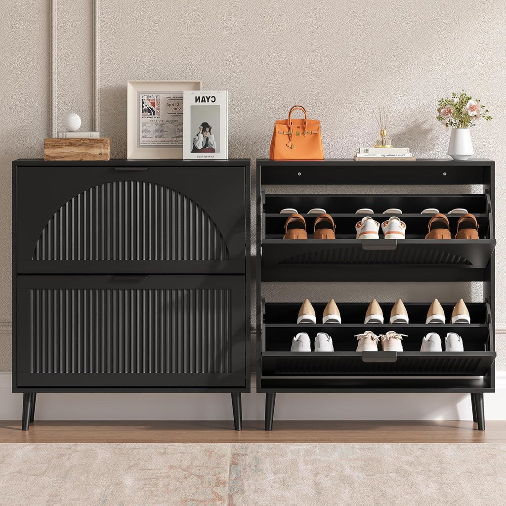 BORNOON Shoe Cabinet for Entryway with 2 Flip Drawers, Slim Wooden Shoe Storage Organizer with Modern Fluted Pannel，Freestanding Narrow Hidden Shoe Rack for Hallway, Foyer, Living Room