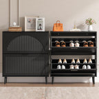 BORNOON Shoe Cabinet for Entryway with 2 Flip Drawers, Slim Wooden Shoe Storage Organizer with Modern Fluted Pannel，Freestanding Narrow Hidden Shoe Rack for Hallway, Foyer, Living Room