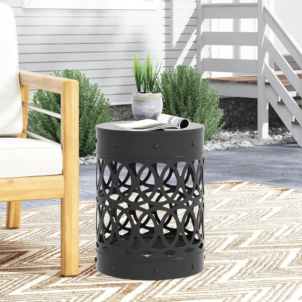 14" Powder-Coated Iron Bedside Table, Small Sofa Side Table with Cylindrical Shape, Small Sofa Couch Table with Circle Pattern for Indoor Outdoor use, Black