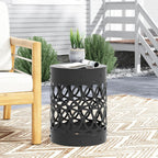 14" Powder-Coated Iron Bedside Table, Small Sofa Side Table with Cylindrical Shape, Small Sofa Couch Table with Circle Pattern for Indoor Outdoor use, Black