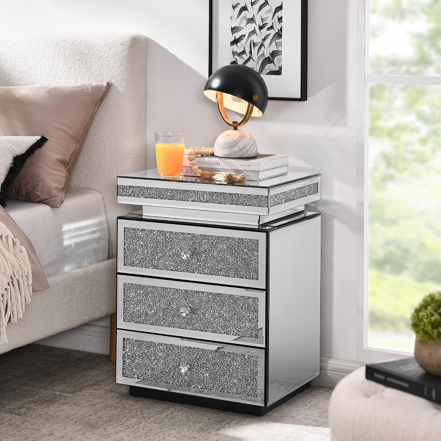 KEIKI Mirrored Nightstand with 3 Drawers, Nightstand with Crystal Inlay, Mirror End Table, Modern Bedside Table, Glass Table for Bedroom, Silver