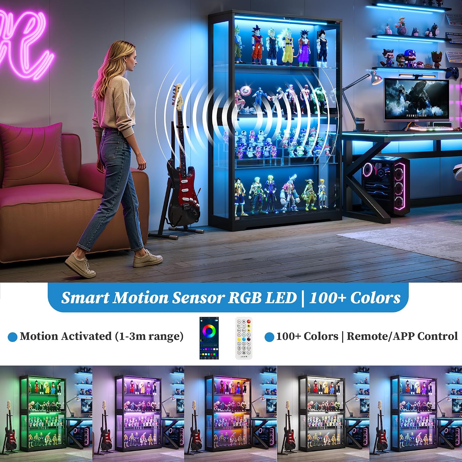 Donox Display Cabinet with 100+Color RGB LED Lights & Adjustable Glass Shelves, 4-Tier Curio Cabinet with Tempered Glass Doors & Motion Sensor for Collectibles, Home, Black