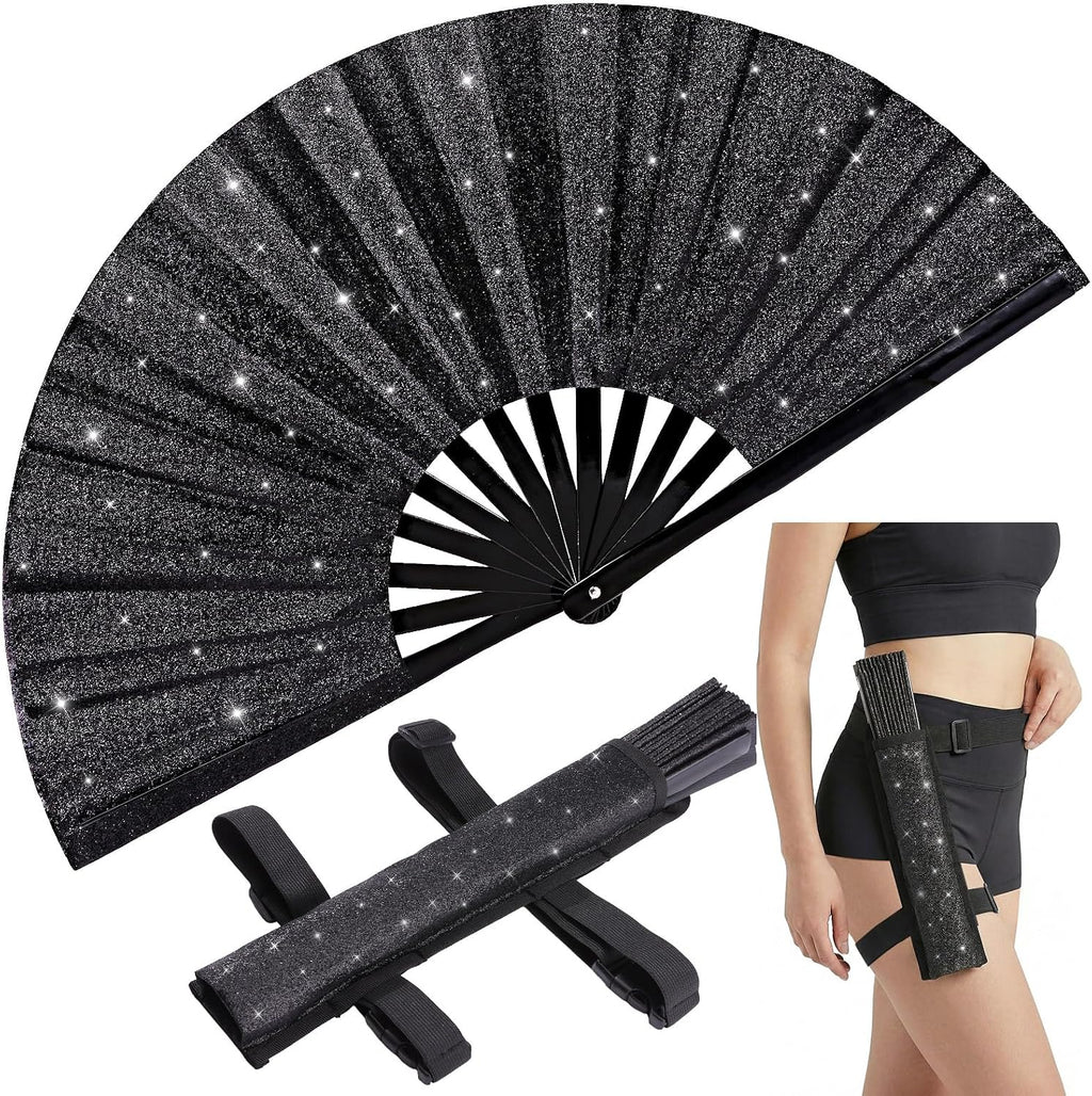 13" Glitter Large Rave Folding Fan with Holster, Popping Clack Hand Fan for Line Dancing for Women Men, Summer Music Party EDM Festival Club Party Dance