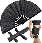 13" Glitter Large Rave Folding Fan with Holster, Popping Clack Hand Fan for Line Dancing for Women Men, Summer Music Party EDM Festival Club Party Dance