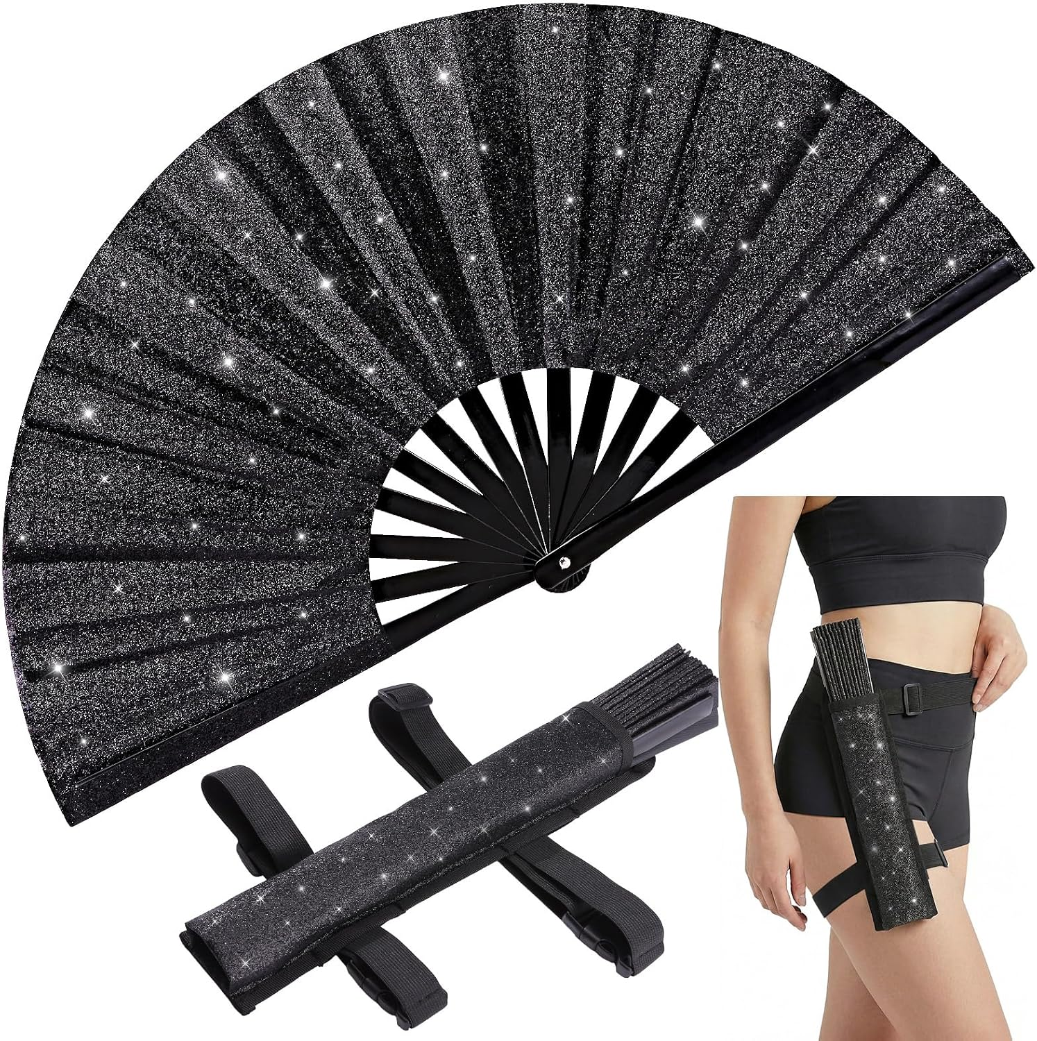13" Glitter Large Rave Folding Fan with Holster, Popping Clack Hand Fan for Line Dancing for Women Men, Summer Music Party EDM Festival Club Party Dance