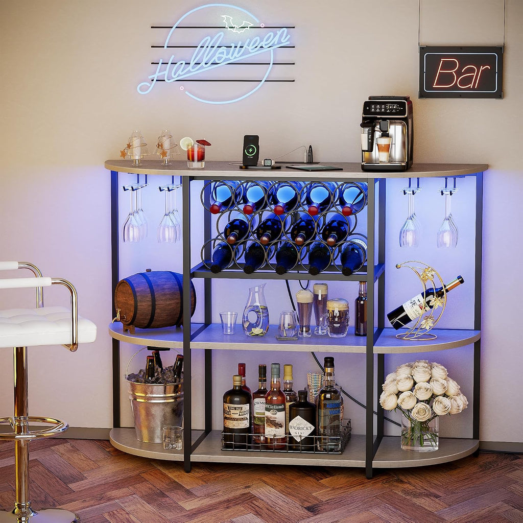 VICTONE Wine Bar Cabinet with LED Lights and Power Outlets, Freestanding Coffee Liquor Bar Cabinet with Glass Holder, Wine Rack Table for Home Kitchen Dining Room (White)