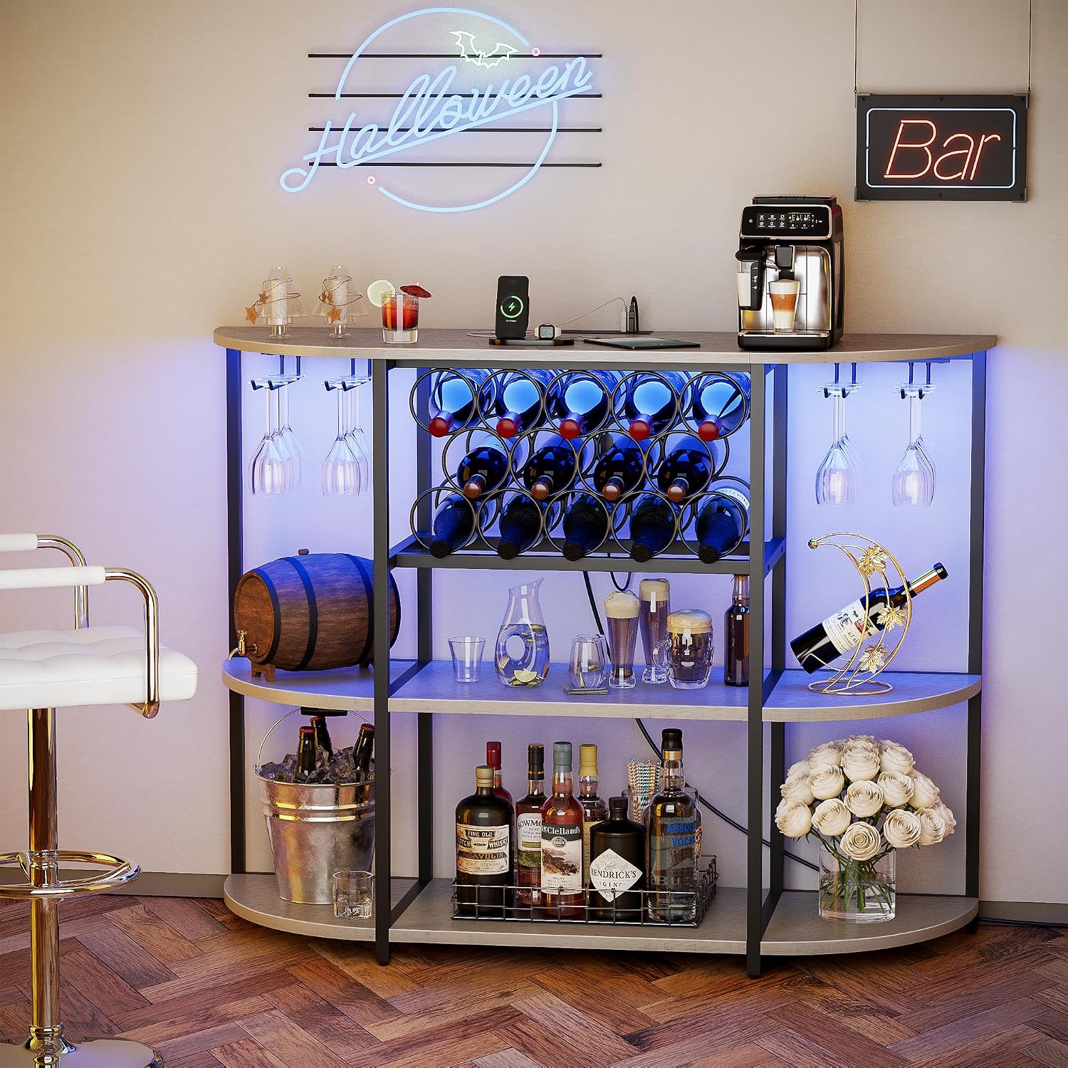 VICTONE Wine Bar Cabinet with LED Lights and Power Outlets, Freestanding Coffee Liquor Bar Cabinet with Glass Holder, Wine Rack Table for Home Kitchen Dining Room (White)