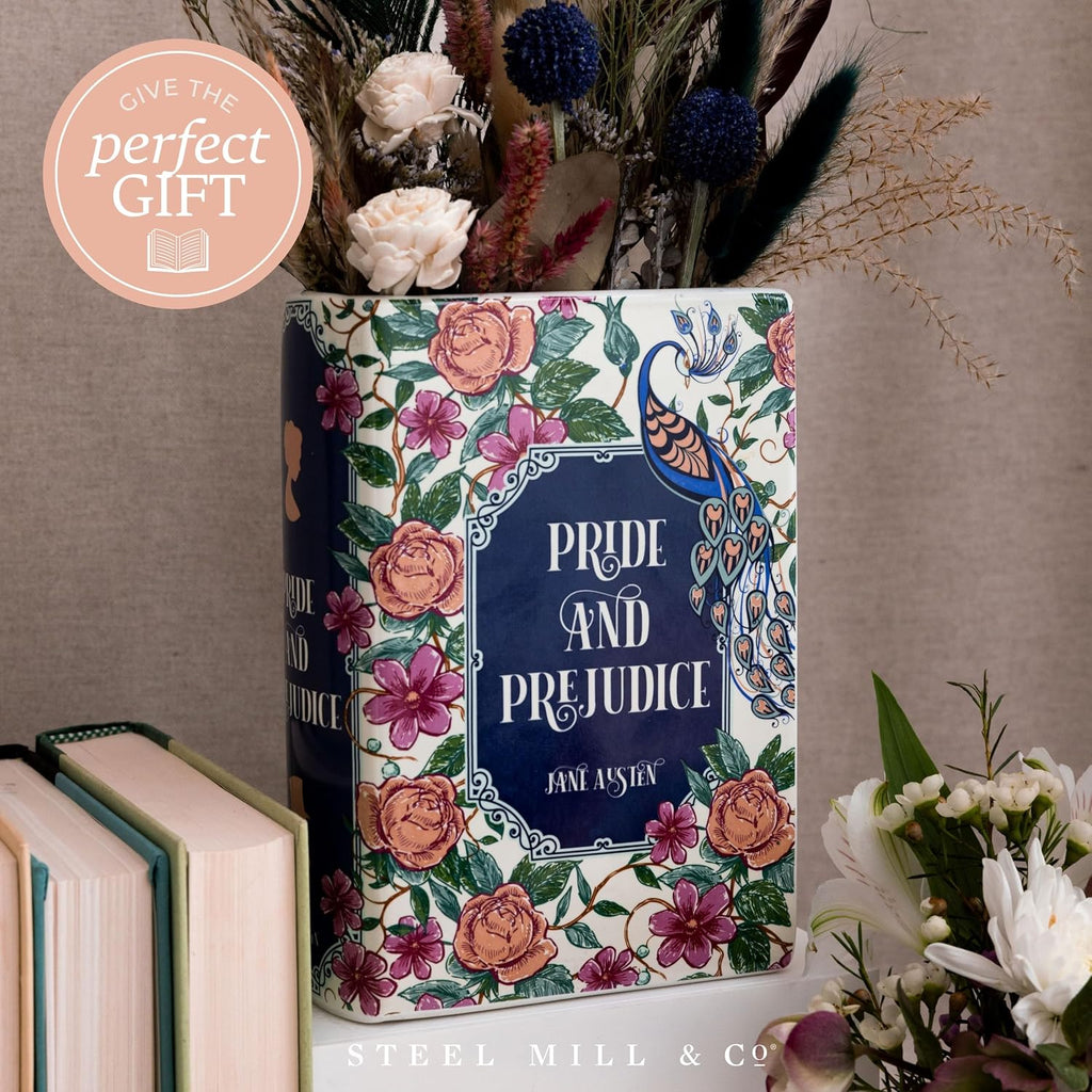 Steel Mill & Co Original Book-Shaped Decorative Vase, Ceramic Vases for Home Decor, Cute Bookshelf Decor, Unique Vase for Book Lovers (Large - Pride and Prejudice)