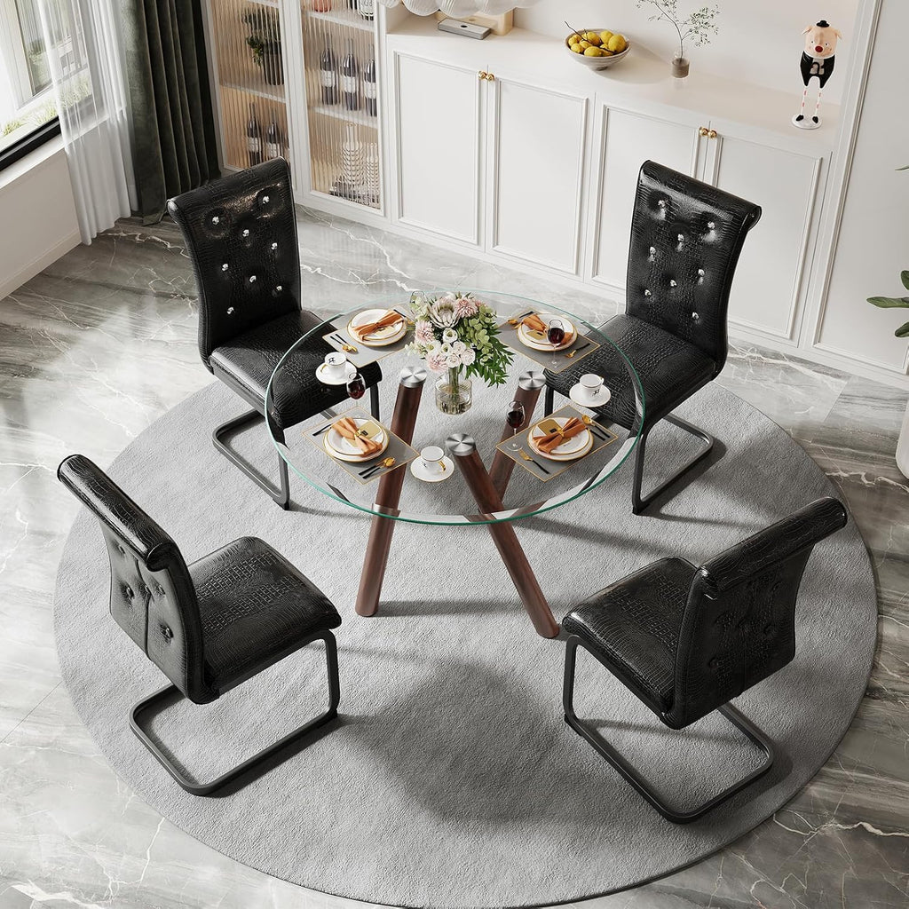 LKTART Small Glass Dining Table for 2-4 People, 35" Round Dining Table with Metal Legs, Glass Kitchen Table for Dining Room Home Office Small Spaces, Walnut