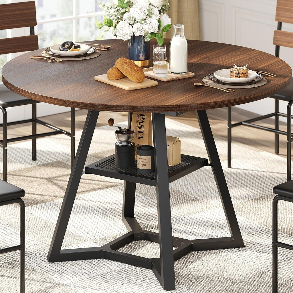 knoworld 43" Round Dining Table for 4, Kitchen Tables Dining Room Circle Dinner Table with Pedestal Metal Frame, Space Saving Wood Industrial Kitchen & Dining Room Tables, Walnut 43In