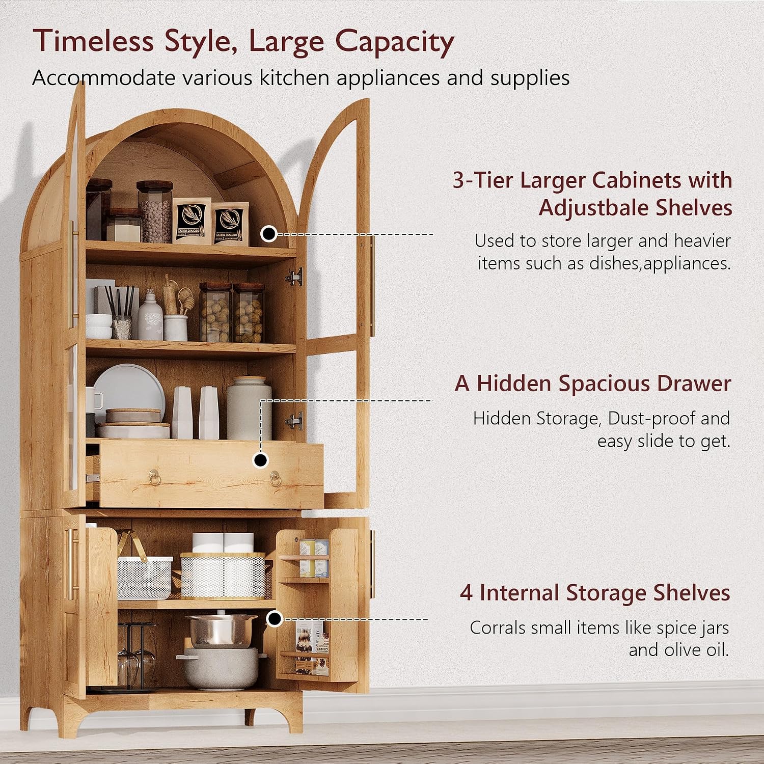 SOFTSEA Arched Kitchen Pantry Cabinet, with Hidden Drawer & Glass Door, 71" Tall Farmhouse Storage Cabinet with Open & Adjustable Shelves, Kitchen Hutch with Door Shelves for Living Room, Natural