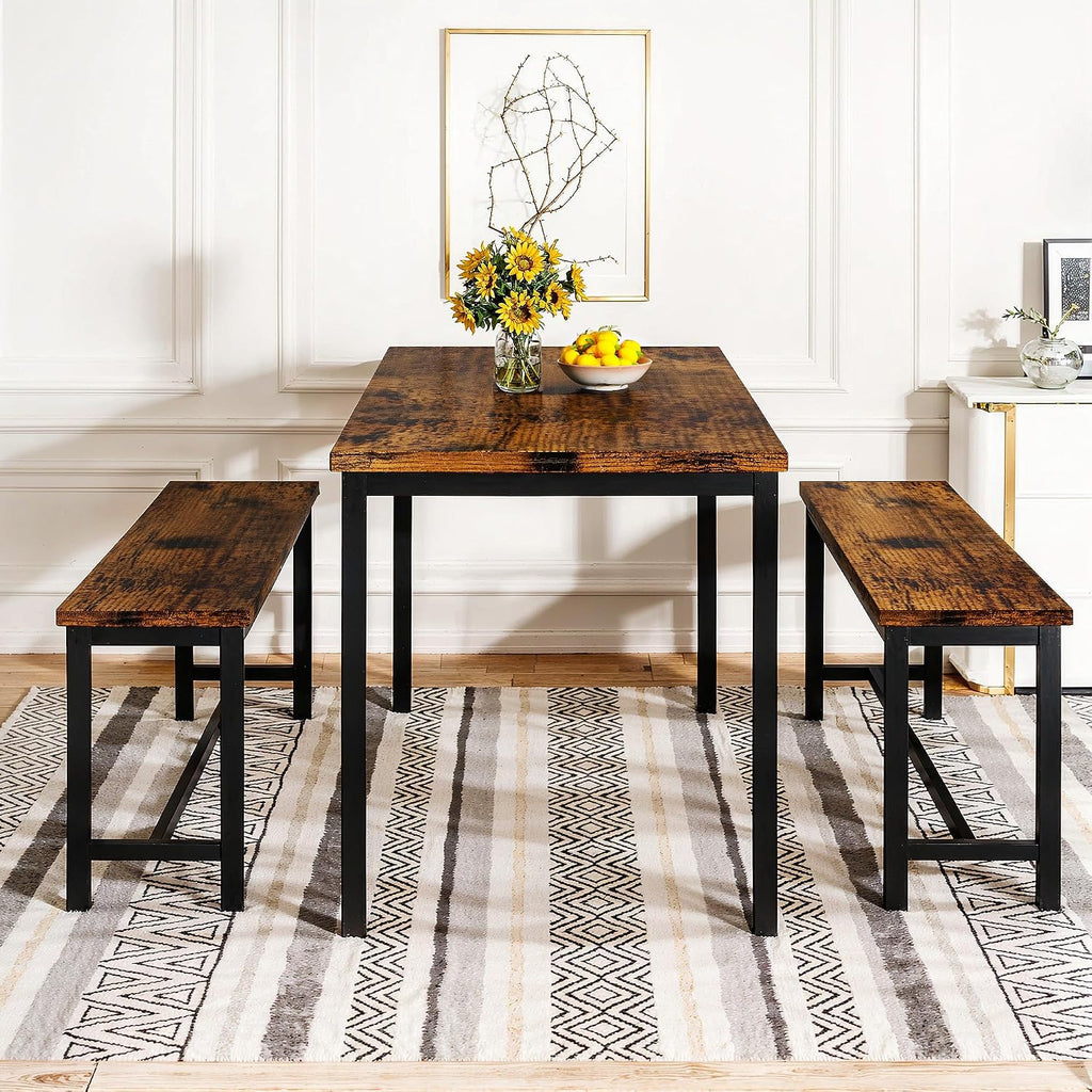 Lamerge Dining Room Table Set with 2 Benches, Dining Table Set for 4-6, Kitchen Table Set for Home Kitchen, Dining Room, Restaurant, Space Saving, Rustic, 3 Pieces Dining Furniture Set (05-Brown)