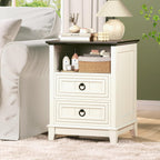 Farmhouse Nightstand, 24" Wooden Couch Side Table with 2 Drawers & Open Shelf, Rustic End Table for Bedroom & Living Room, Bedside Space-Saving Accent Storage Cabinet (White)