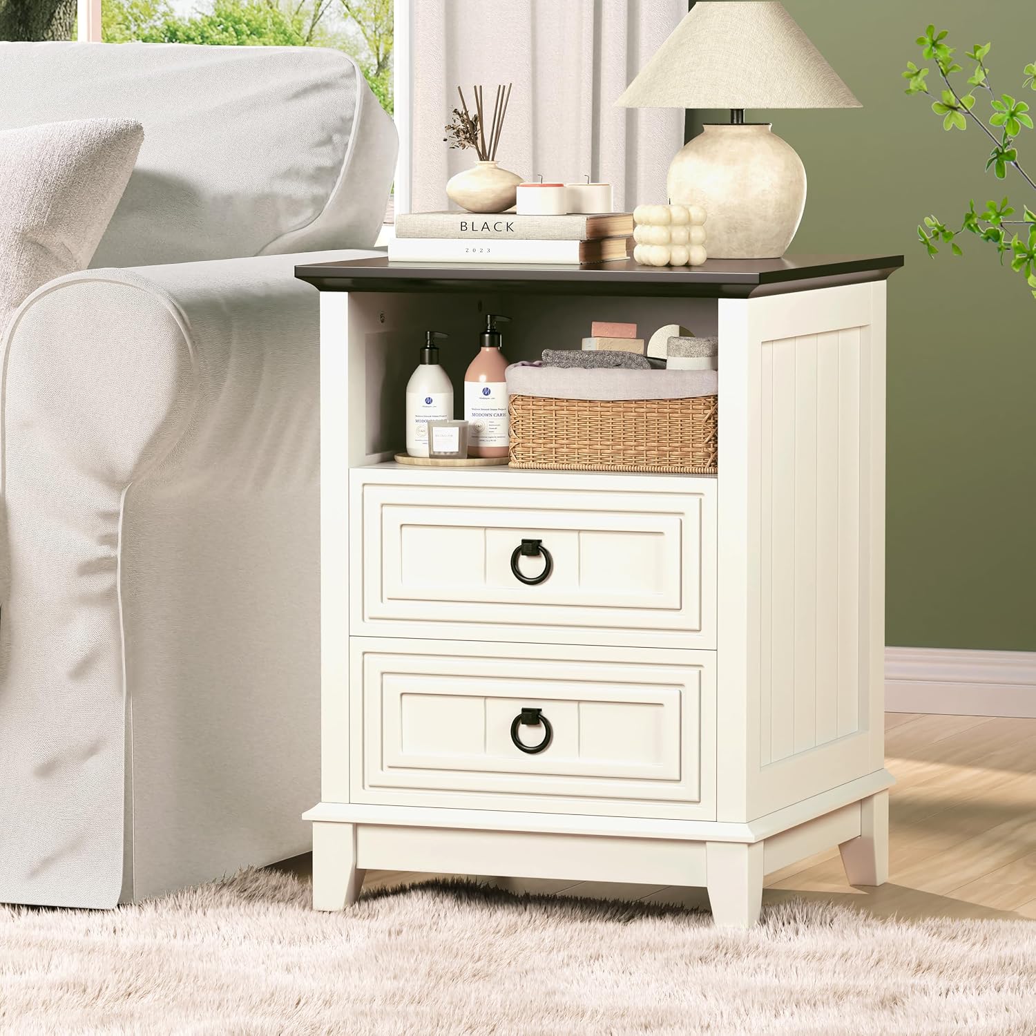 Farmhouse Nightstand, 24" Wooden Couch Side Table with 2 Drawers & Open Shelf, Rustic End Table for Bedroom & Living Room, Bedside Space-Saving Accent Storage Cabinet (White)