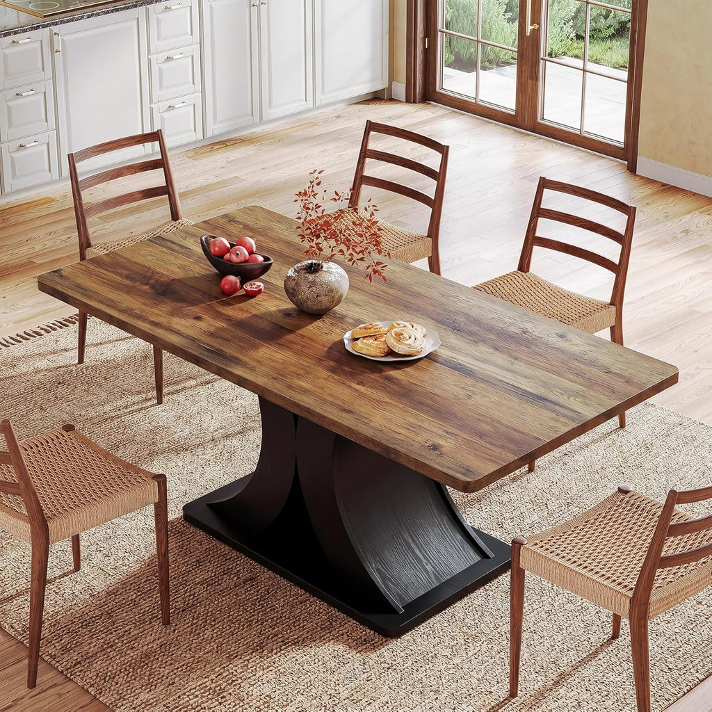 Tribesigns 55-Inch Dining Table for 4-6, Farmhouse Kitchen Dinner Table with Heavy Duty Pedestal, Rectangle Wooden Eating Table for Dining Room, Kitchen, Black & Brown