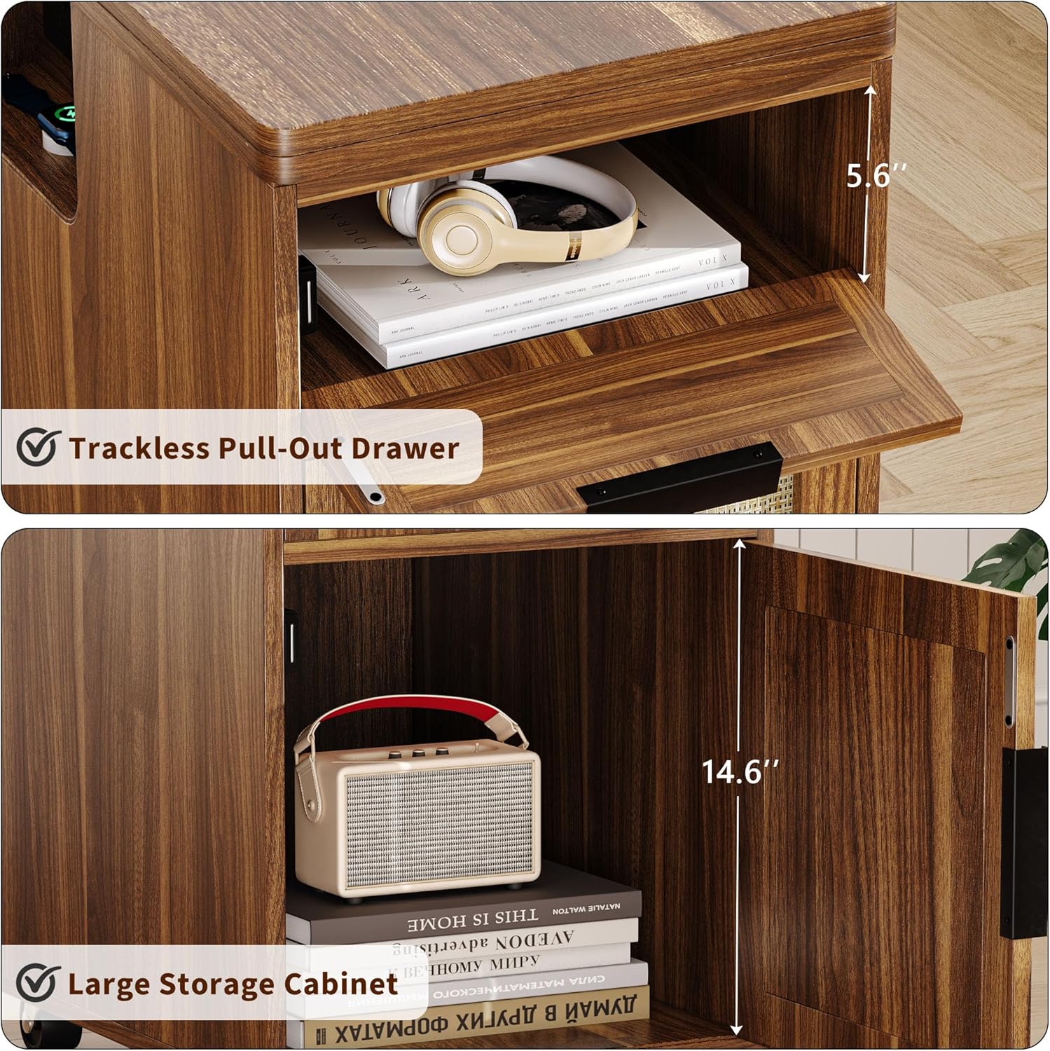 iPormis End Table with Charging Station, 15.7''-31.5'' Narrow Folding Side Table with Flip Top & Drawer, Wooden Sofa Couch Table with Storage Cabinet & Wheels, for Small Spaces Living Room, Walnut